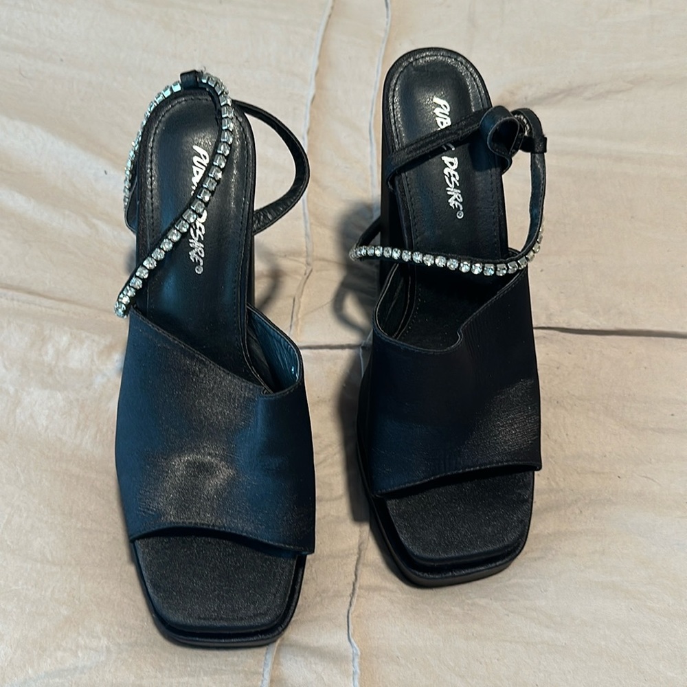 Platform peeptoe black satin heels with rhinestone ankle clasp size 9